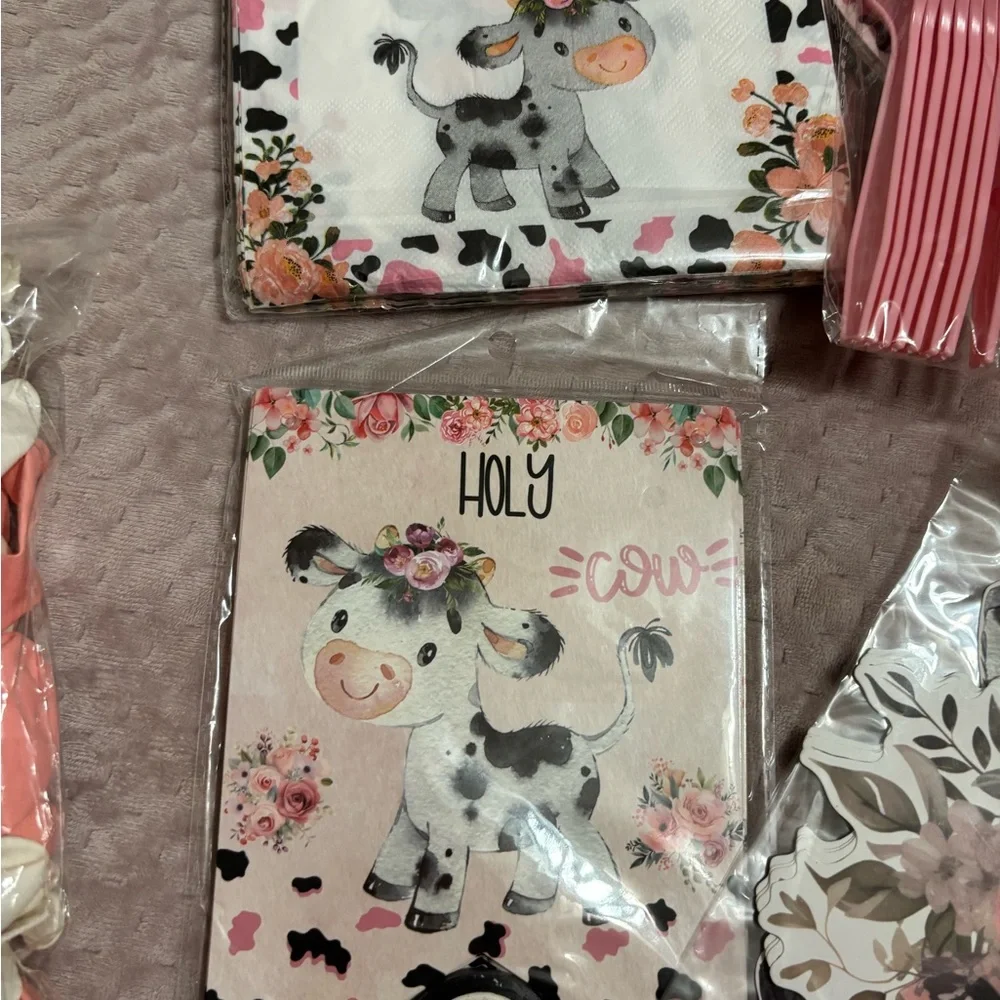 Cow Themed 1st Birthday Party Supplies Set - Pink and Black